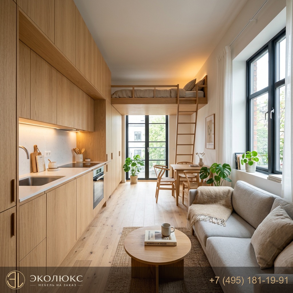 Встроенная мебель с подсветкой в интерьере маленькой квартиры