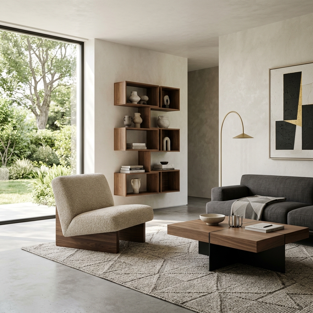 Современная гостиная с ТВ-зоной и полками